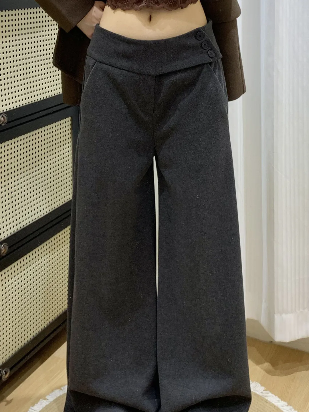 

Slimming Wide Leg Pants Women's Casual Loose Fitting Trousers High Waist Button Detail Wool Blend Floor Length Pants