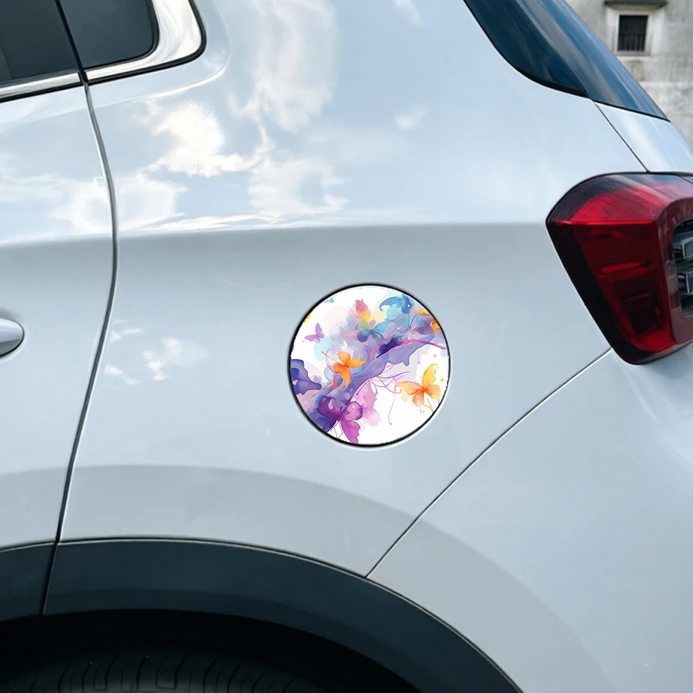 1PC Purple Orange Watercolor Flying Butterfly Car Fuel Tank Sticker PET Waterproof Soft Ink Art Auto Fuel Cap Exterior Decal view 5