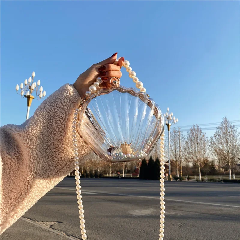 

Transparent Acrylic Women's Bag Luxury Clear Shell Shape Evening Bag Pearl Chain Crossbody Bags For Female Purse Handbag
