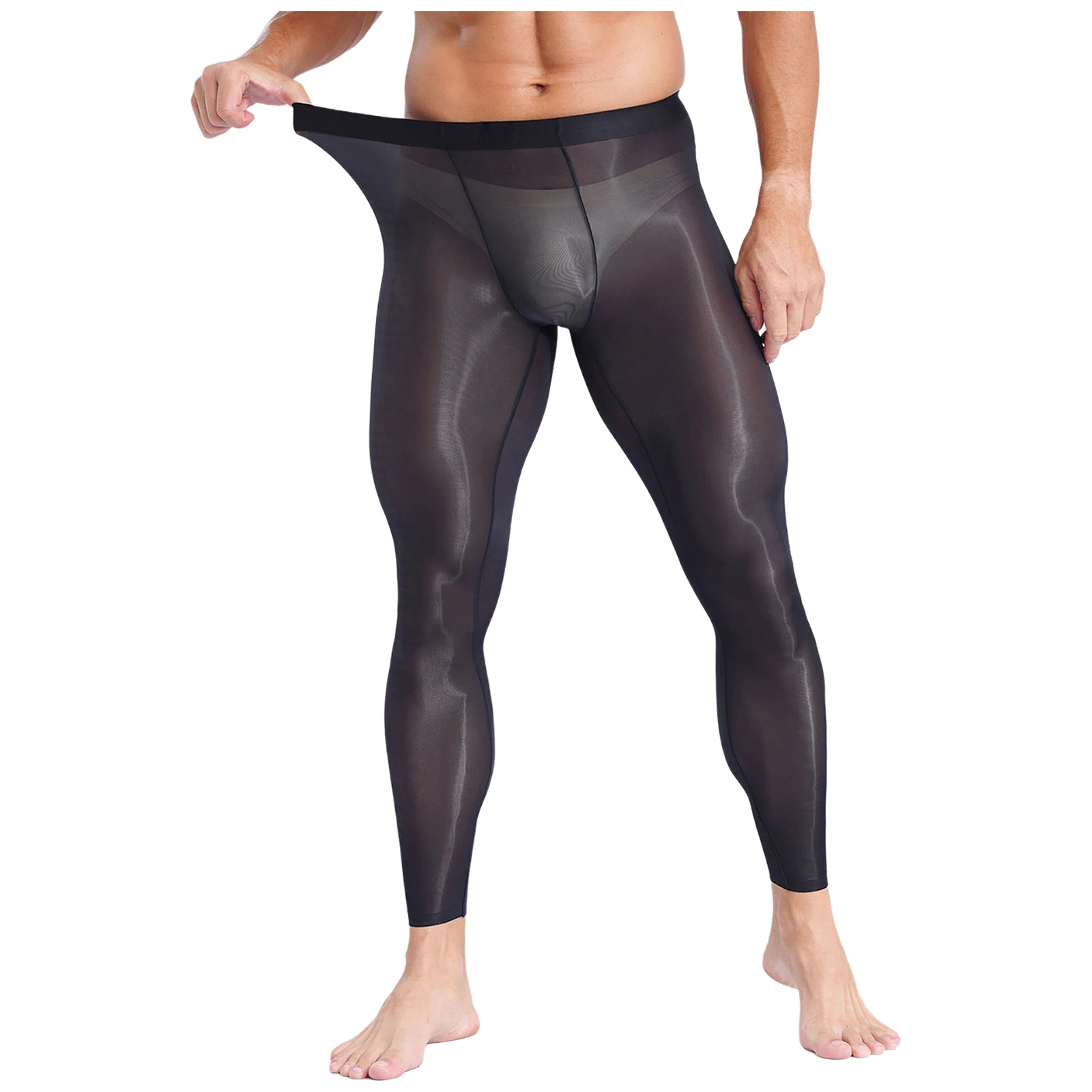 Mens Stretchy Ultra-Thin Leggings Ice Silky Yoga Fitness Leggings Bulge Pouch Tights See Through Pants for Gym Sports Workout