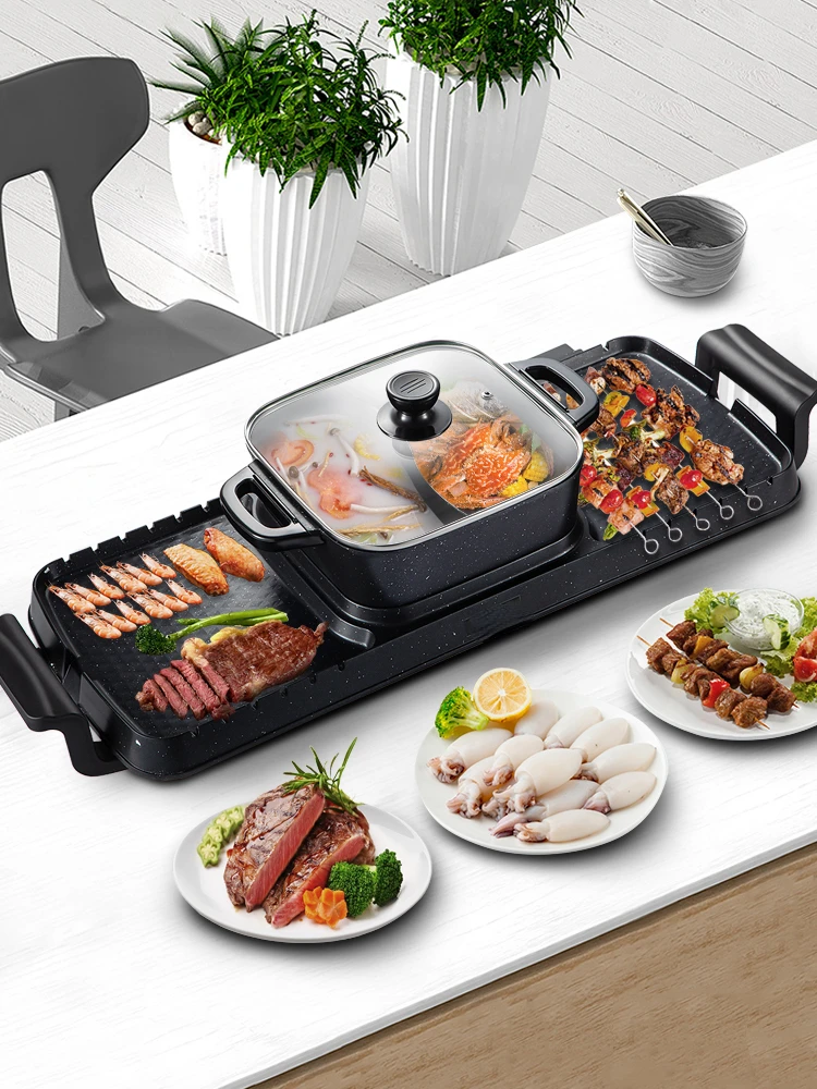 2in1 Electric BBQ Pan Grill Hot Pot 2400W Multifunction Home Portable Smokeless Nonstick Detachable Hot Pot Barbecue Plate