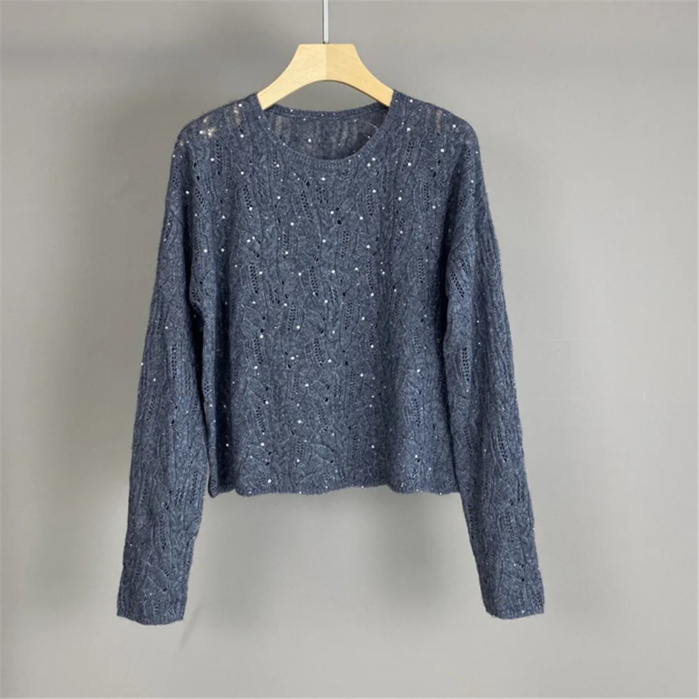 Autumn Winter Women's Sequined Pullover Sweater O-Neck Hollow  Long Sleeve Bottoming Shirt Woman