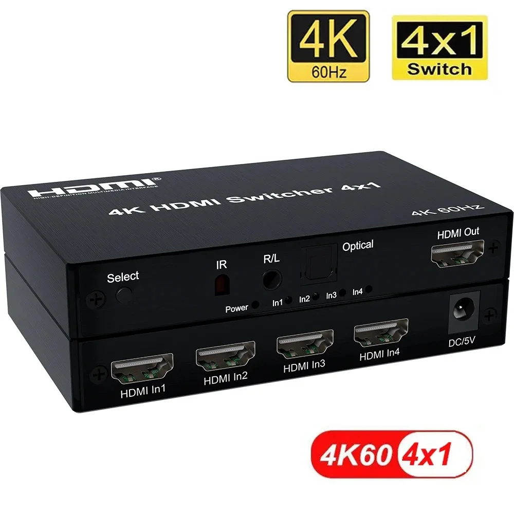 4K 60Hz Switcher HDMI 2.0 Adapter 4 in 1 out HDMI Switch Switcher Selector 4x1 Full 3D Support HDCP2.2 HDTV Xbox PS3 PS4