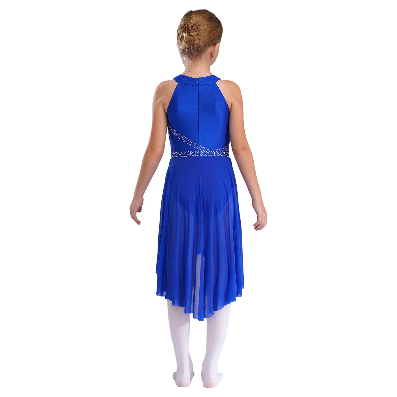 Kid Girls Lyrical Latin Dance Dress Sleeveless Rhinestone Ruched Leotard Tutu Dancewear for Ballet Gymnastics Modern Performance