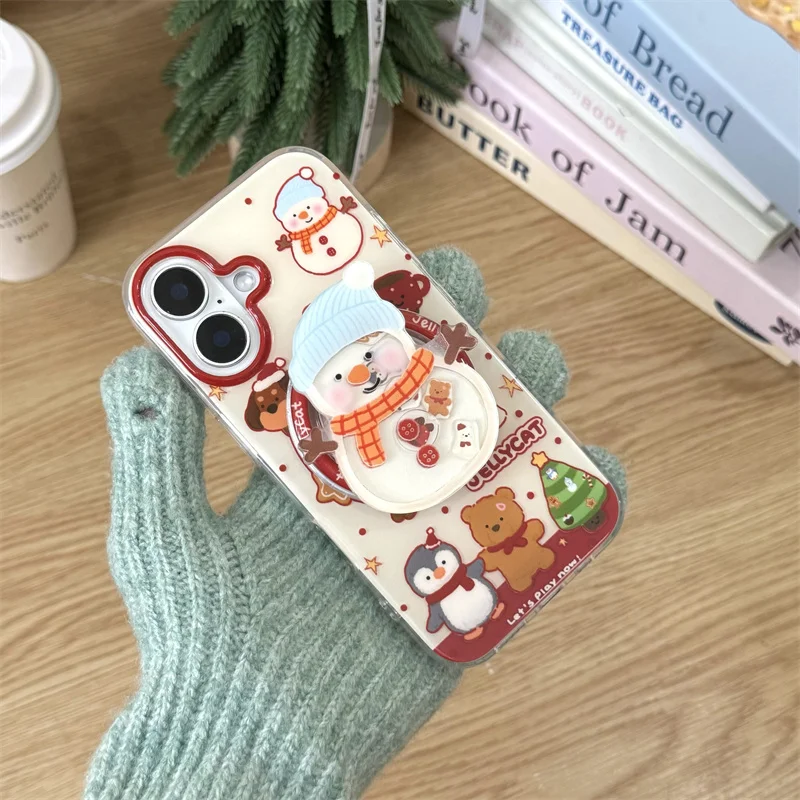 Linda bufanda navideña muñeco de nieve oso Magsafe funda de carga inalámbrica para iPhone 13 14 15 16 Pro Max sombrero de muñeco de nieve agitar soporte magnético