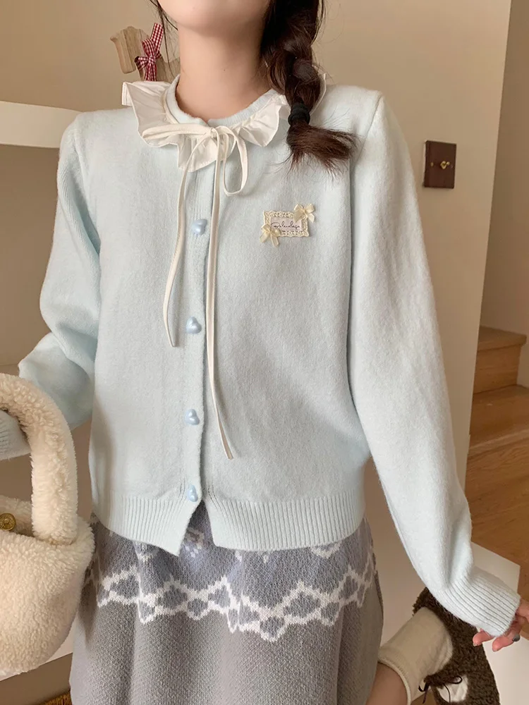 Zoki Ruffles Dolce Cardigan Donna Carino Manica lunga Fiocco Maglioni Stile Preppy O Collo Giappone Kawaii Lettera Lace Up Bottoni d'amore Top