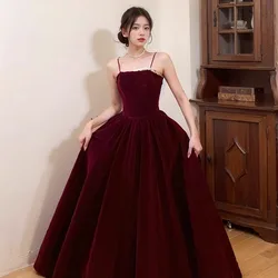 Wine Red Beaded Spaghetti Strap Evening Dress Luxurious Velvet Engagement Dress Classic A-Line  Floor-Length Wedding Party Gown