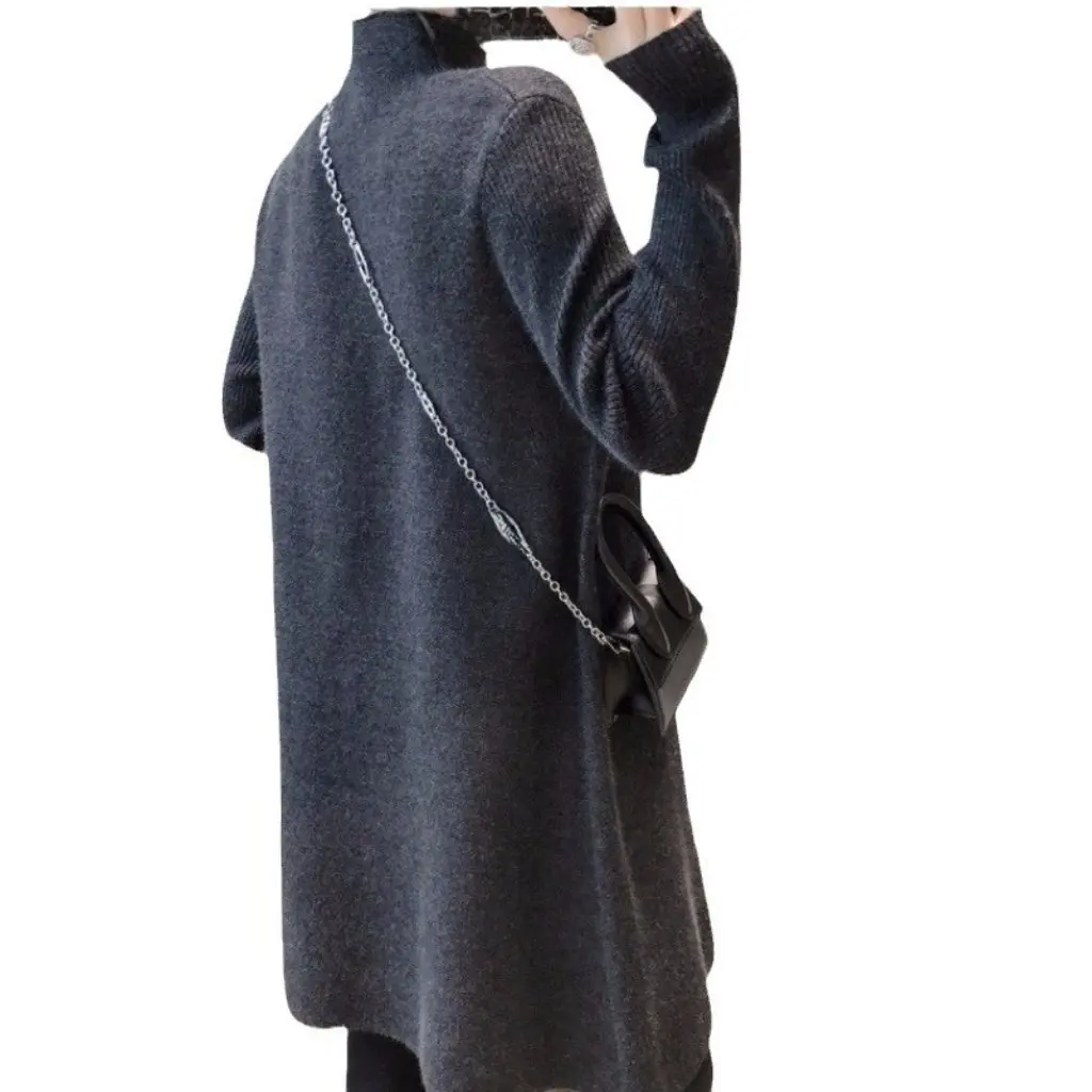 

Женский утягивающий свитер средней длины, осенне-зимний утолщенный пуловер с высоким воротником, свободное платье в ленивом стиле