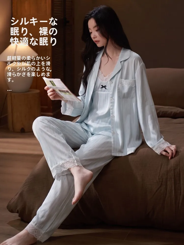 elegant-ice-silk-sleepwear-set-for-women-stripe-design-three-piece-summer-autumn-spring-comfortable-breathable-long-sleeve-bu