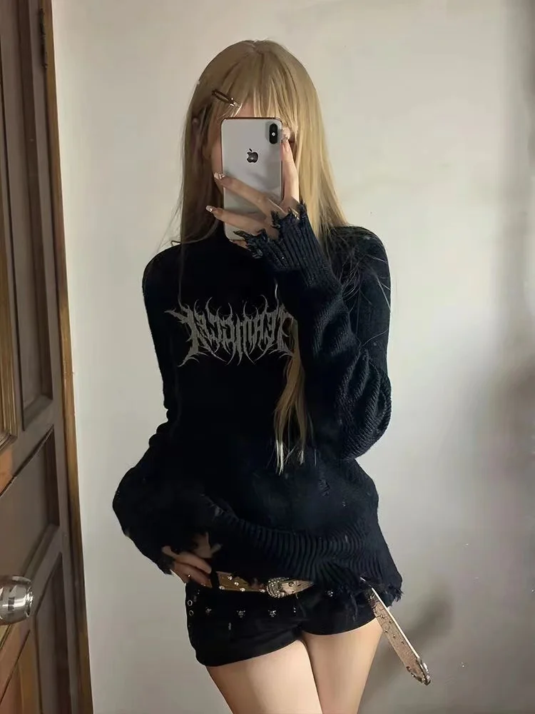 Women Printed Hole Tassel Knitted Sweater Korean Fashion Harajuku Long Sleeve Jumper Tops Y2k Streetwear Punk Gothic Pullovers