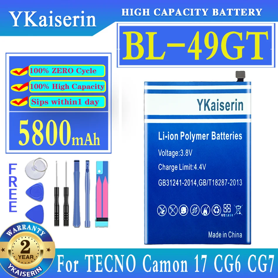 YKaiserin 5800mah Replacement Battery BL-49GT BL-49HT BL-49JT For TECNO Camon 17/16 Pro CG6 CG7 CG8 16Pro 18P CH7 Spark8 pro