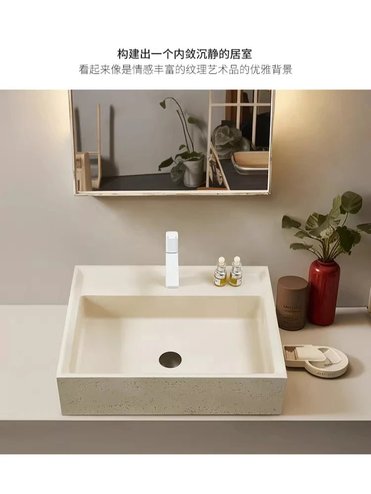 

Japanese wabi-sabi wind platform basin creative personality travertine rectangular art washbasin