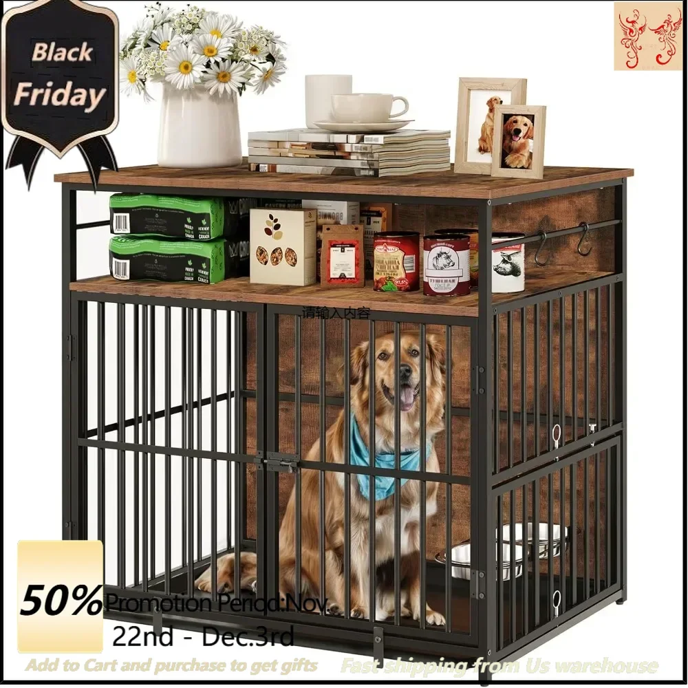 Large dog kennel, heavy kennel with bowl and storage rack, wooden kennel end side table for medium/large dogs, chew resistant