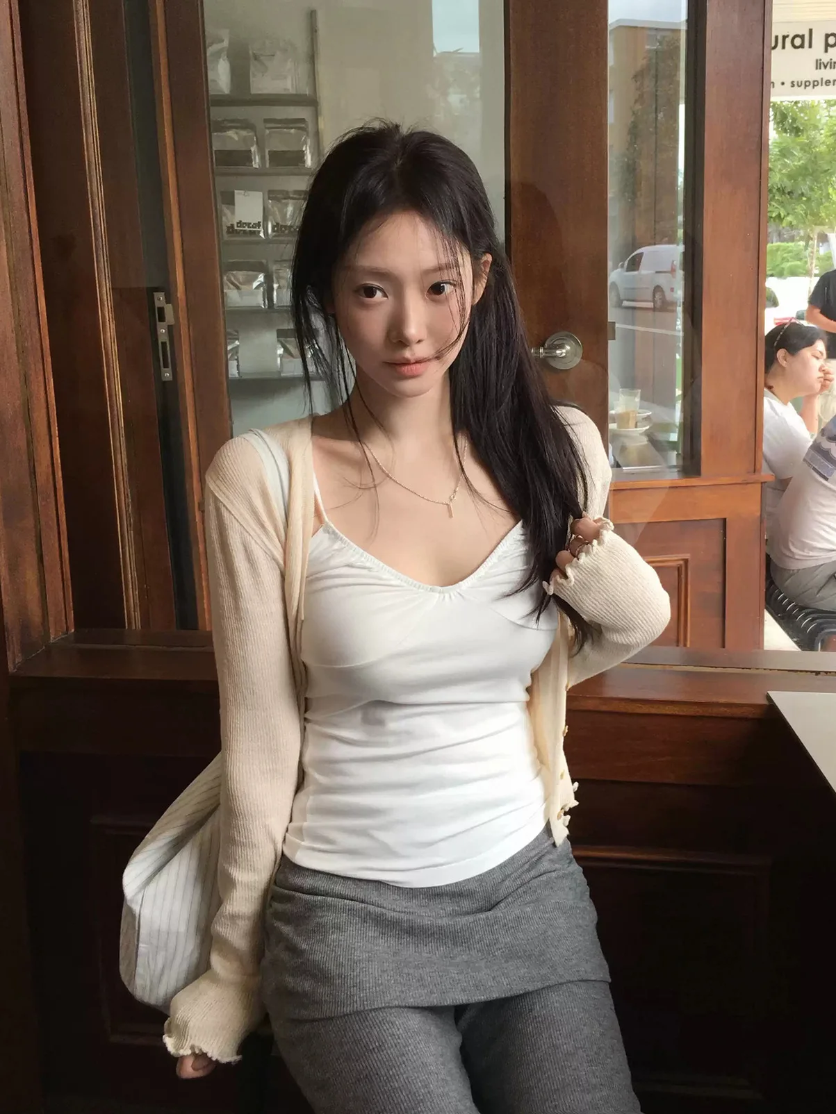  Deep V Neck Ruffle Base Layer Tank Top Women's Style DS Overlap Strap Cotton Blend Fashion Autumn New Arrival