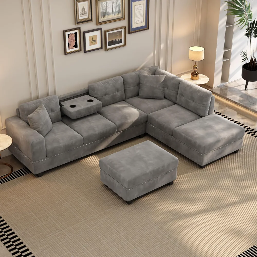 

Modern Sectional Sofa with Storage Ottoman, L Shaped Couch with 2 Pillows and 2 Cup Holders, Polyester Sectional Sofa