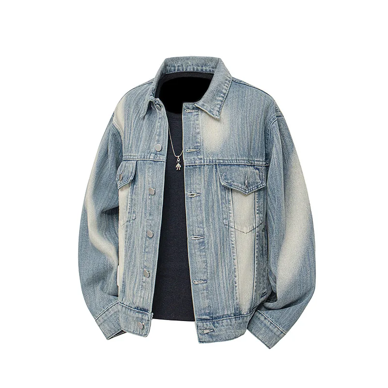 

Waed Blue Denim Jaet ex Spring Autumn American Sle Tie Dye Workwear Coat Youth Faion Loose Fit Long Sve