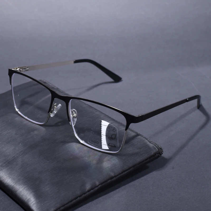 Schwarze zweifarbige multifokale Gleitsicht-Lesebrille, Anti-Blaulicht-Multifokalbrille für ältere Menschen, Herren- und Damenbrille mit großem Rahmen E