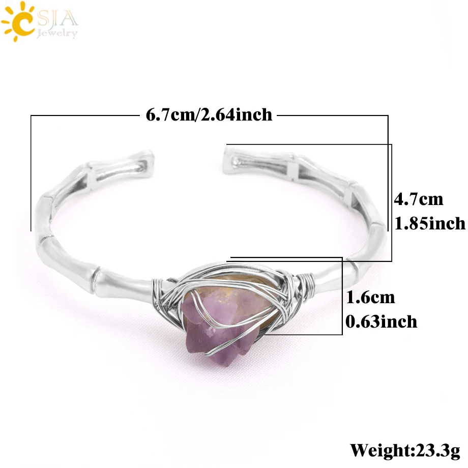 CSJA Natural Stone Cuff Bracelets Women Silver Color Wire Wrapped Irregular Raw Amethysts Aquamarine Crystal Healing Bangle H274
