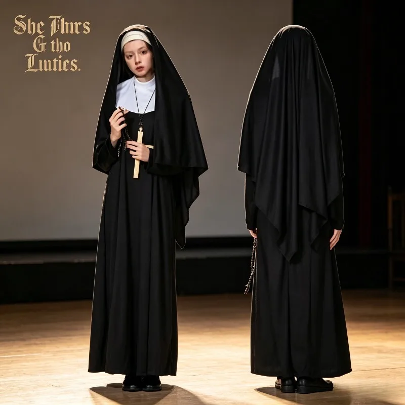 Nun Costume Black Long Dress Halloween Party Carnival, Role-playing Stage Performance Costume view 3