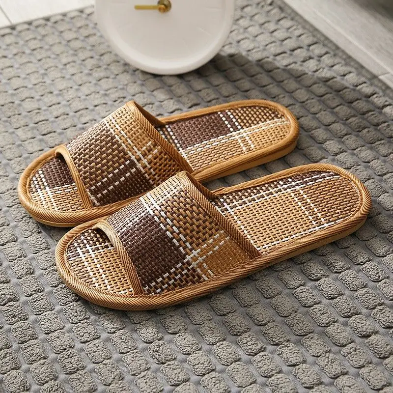 Summer Men's and Women's Indoor Bamboo Slippers with Thick Sole Non-Slip Breathable for Home Use