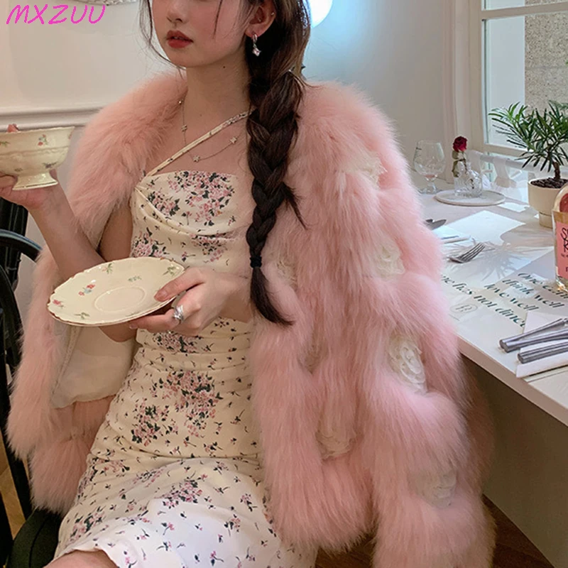 Real Fur Coat Women Winter New Lace Rose Stitching Fox Fur Jacket Manteau Femme High Quality Short Fashion Princess Pink Coats