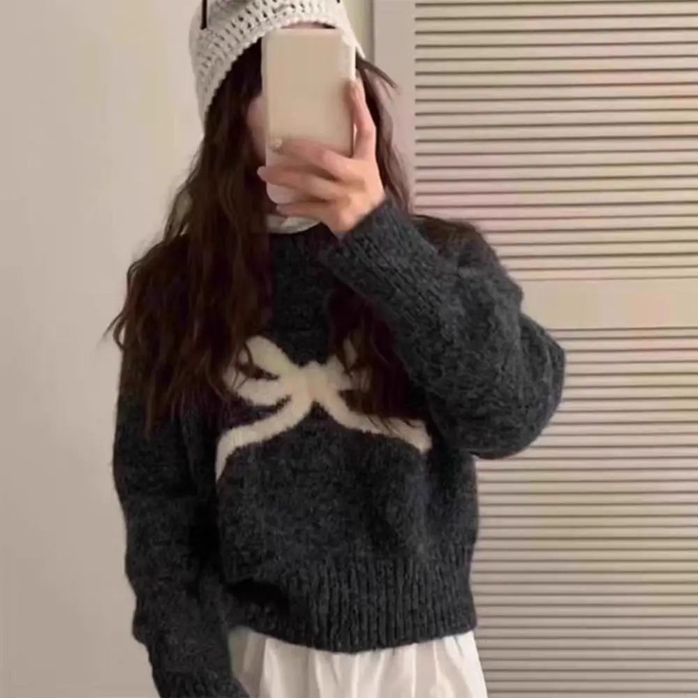 

Korean Style Soft Bow Pullover Sweater Warm Long Sleeve Knitted Sweater Fashion Cute Jacquard Sweater New Year