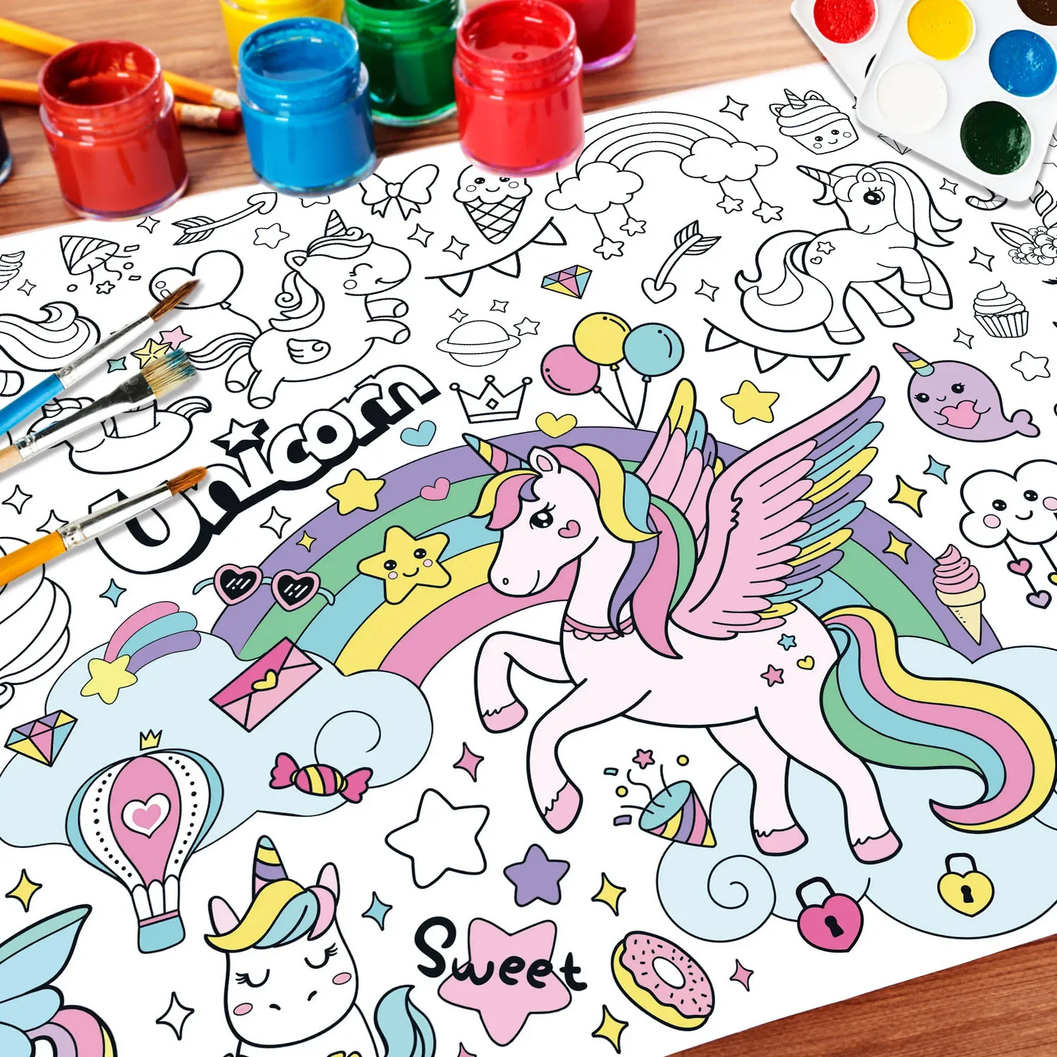 110x80cm Unicorn Coloring Books for Kids Coloring Poster Large Coloring Tablecloth for Boys Girls Unicorn Birthday Party Supplie