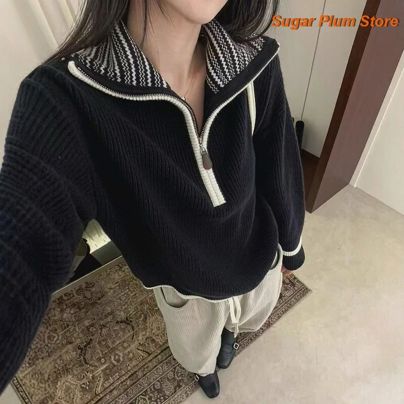 French Black Semi-zipper Large Lapel Pullover Sweater Women's Autumn and Winter High-grade Loose Soft Waxy Sweater Casual Top
