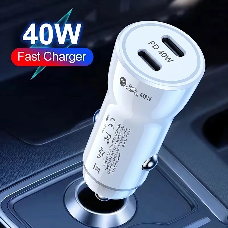 40W PD Car Charger Dual C Ports with Cool Blue LED Ring Ultra-compact Mini Car Phone Charger For Fast Multi-device Charging view 2