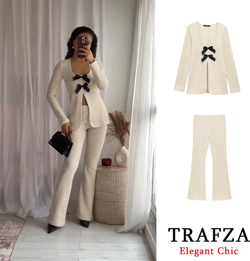 

TRAFZA Women Elegant Textured Pant Set O-Neck Bow Top + Pant Set New 2025 Spring Fashion Commuter Leisure Resort Beige Set