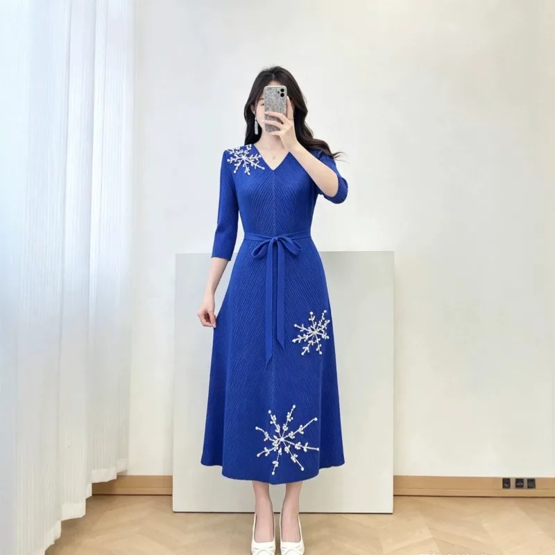 Miyake Pleated Dresses Plisse Fold Clothing 2026 Autumn New V-neck Snowflake Beaded Dress Slimming Tie-up Large Hem Pleats Dress