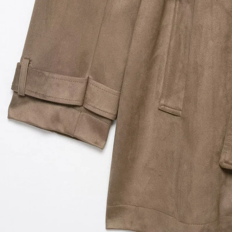 KEYANKETIAN Autumn And Winter New Women's Windproof Lapel Double Row Buckle Lace up Suede Windbreaker Women Leather Jacket Long