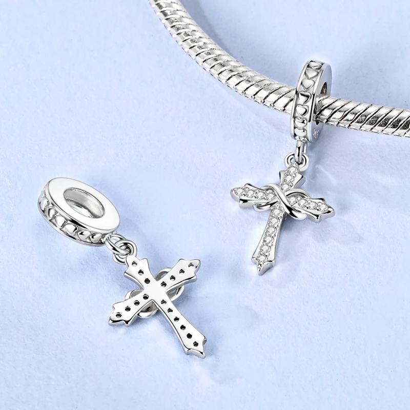 

925 Sterling Silver Charms Bead CZ Zirconium Cross Dangle Fit Original Bracelet DIY Women Jewelry Gift