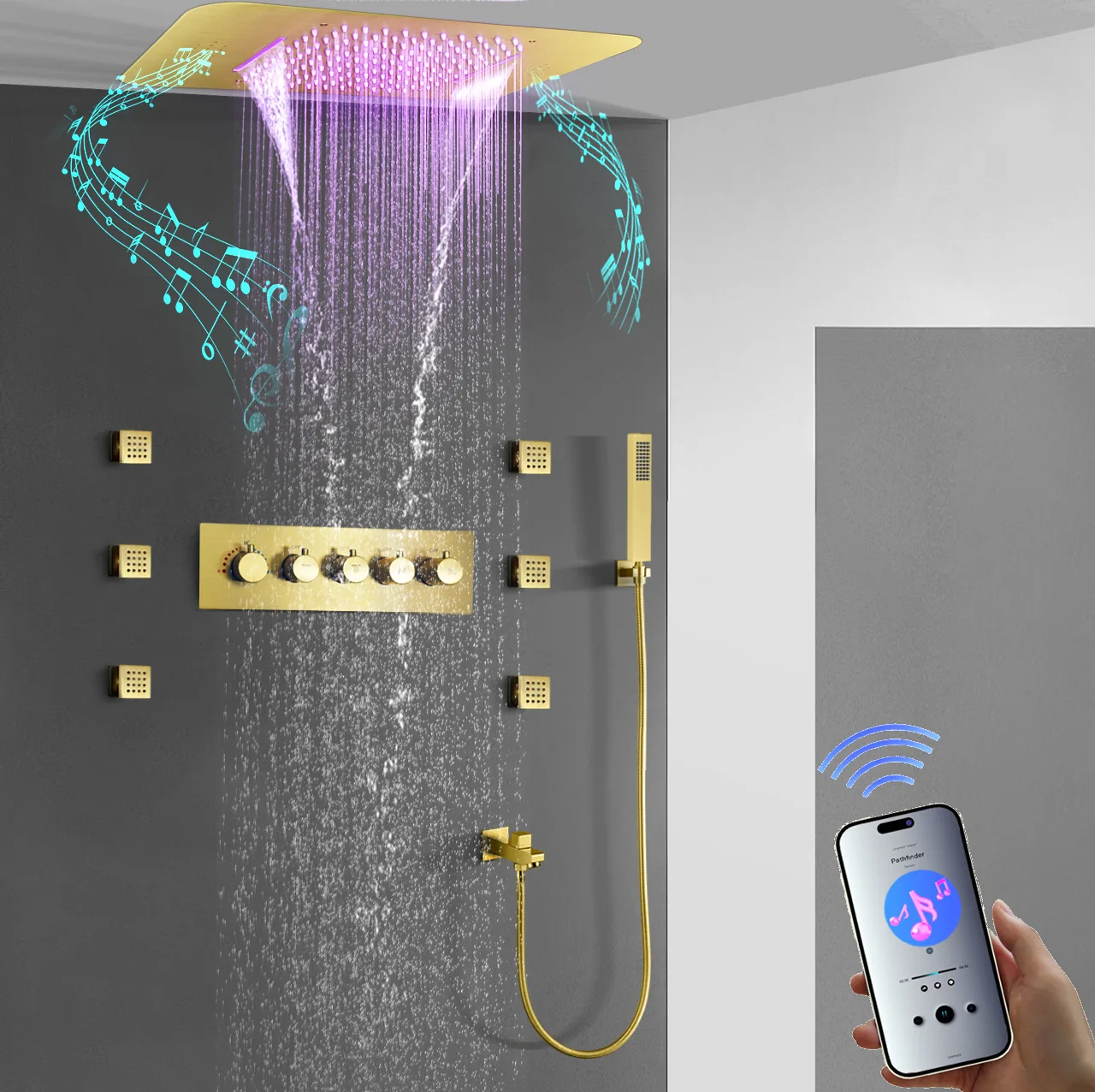 Brushed gold concealed shower thermostatic showerhead set with embedded multifunctional LED music showerhead top spray