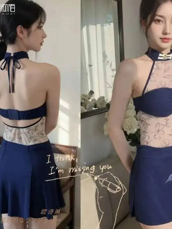 Seksowna Nowa Sukienka Cheongsam Przezroczysta Seksowna Siateczka Wysoki Stan Rozcięcie Niebieska Krótka Sukienka Elegancka Siateczka Koronka Przezroczysta Gorąca Seksowna Koreańska Damska Mini Sukienka 4SY