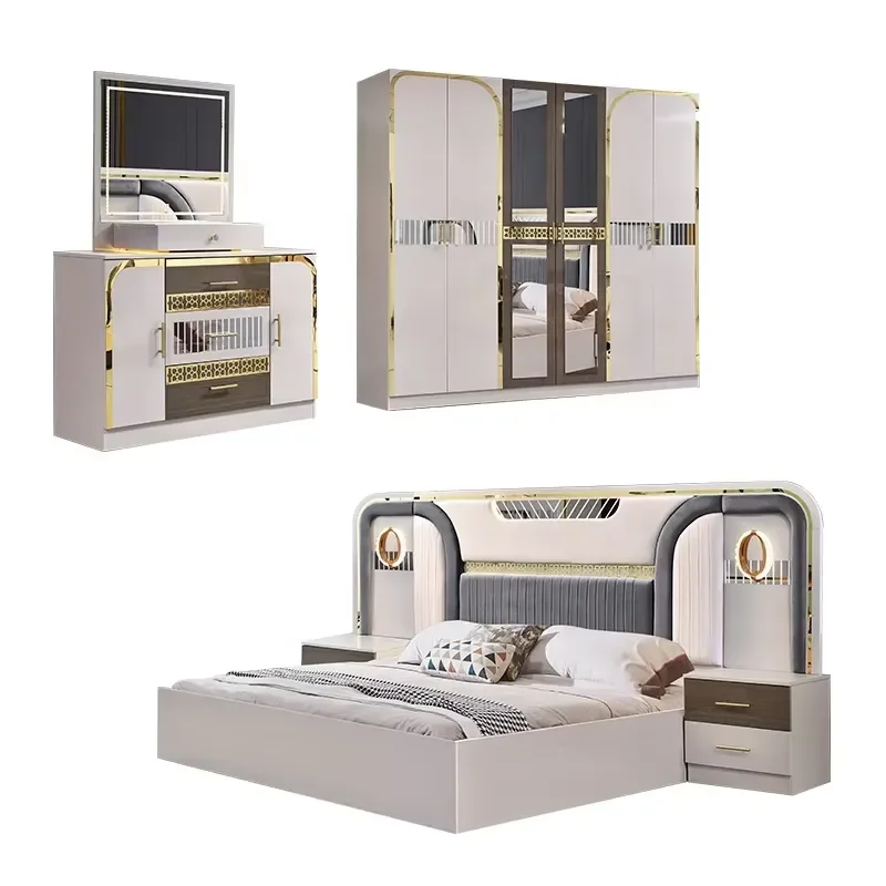 Modern Turkish Style Bedroom Furniture Set 5 Piece King Size Solid Wood Frame Double Bed Deluxe Home Decor