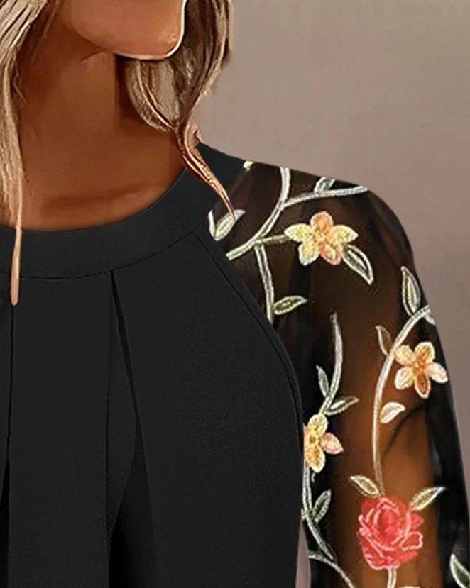 Women's Blouse 2024 Spring Floral Embroidery Ruched Long Sleeve Top O-Neck Sheer Mesh Patchwork Top Shirts for Women Pullover