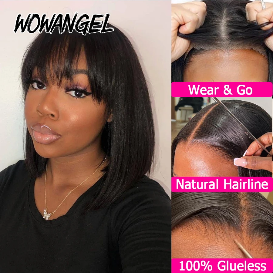 WOWANGEL peluca Bob corto con flequillo hueso recto 5x5 HD pelucas con cierre de encaje cabello humano virgen precortado listo para usar pelucas sin pegamento