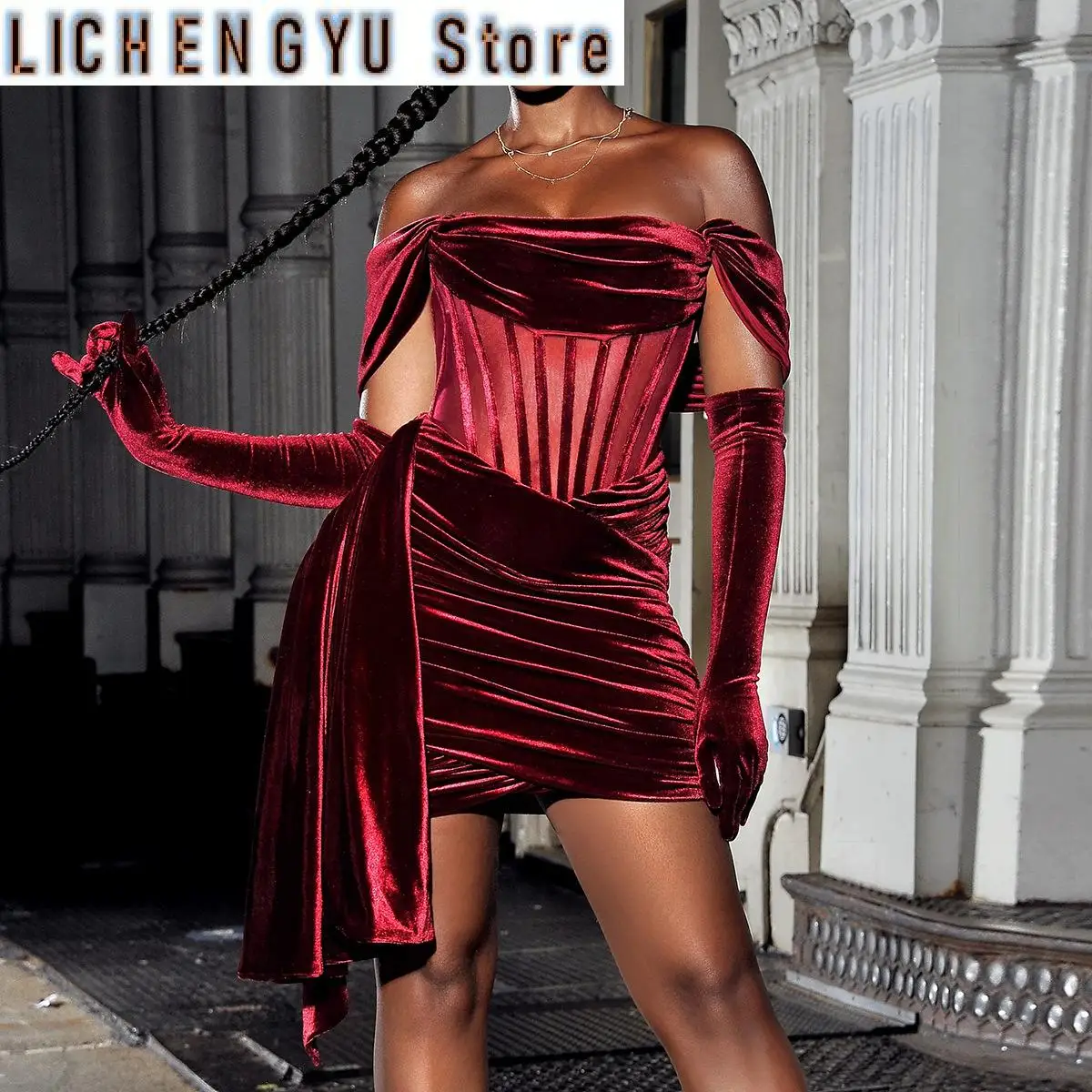 

New Off The Shoulder Velvet Dress Elegant Wine Red Bodycon Night Evening Party Dresses Draped Mesh Patchwork Women Dress