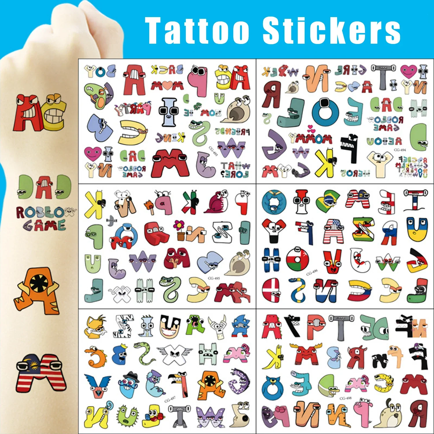 Alphabet Lore Tattoo Stickers for Children Party Tattoo Sticker Decoration Washable Anime Water Transfer Sticker Ornaments Gift