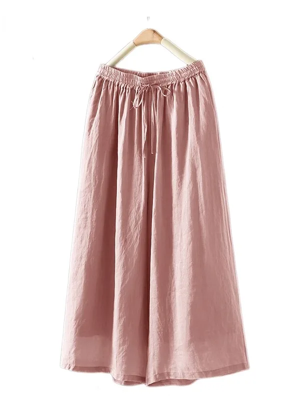 القطن الكتان بنطال ذو قصة أرجل واسعة تنورة عالية الخصر فضفاضة تناسب رقيقة مرنة الصيف بناطيل كاجوال للنساء خمر قطع مستقيمة