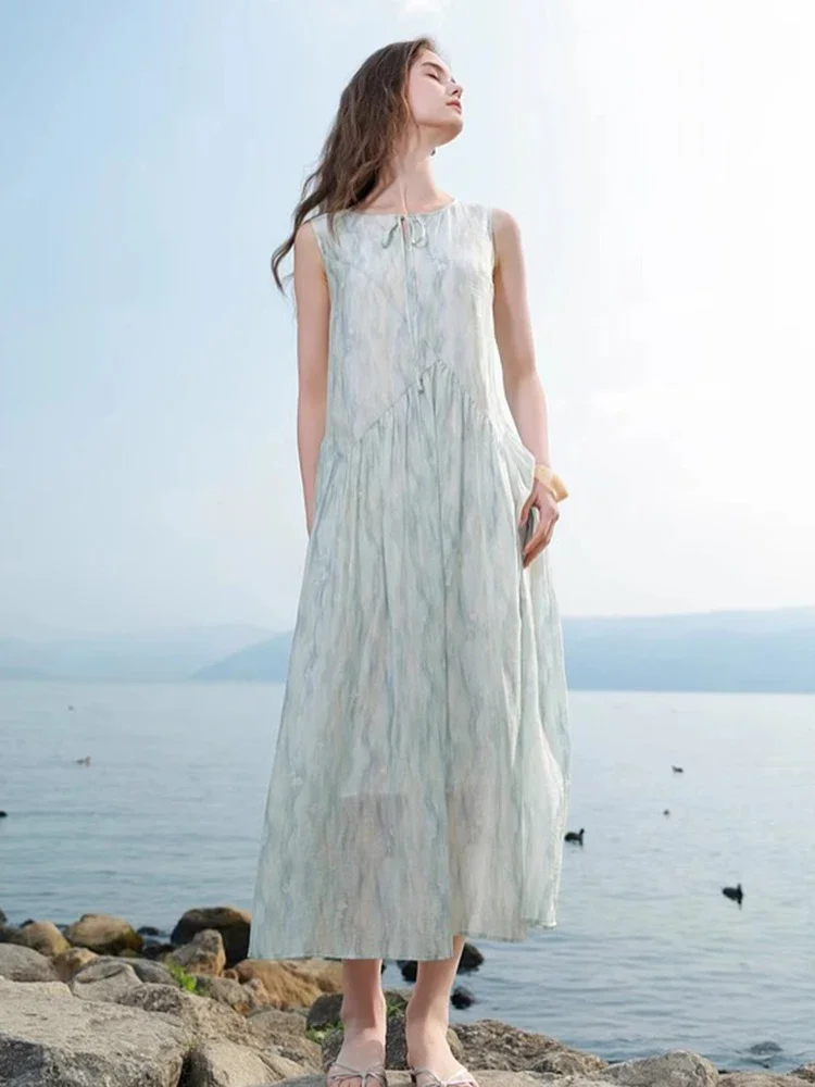 فستان طويل نسائي كاجوال عتيق بدون أكمام فستان صيفي فضفاض بياقة دائرية وأربطة فستان فرنسي قديم
