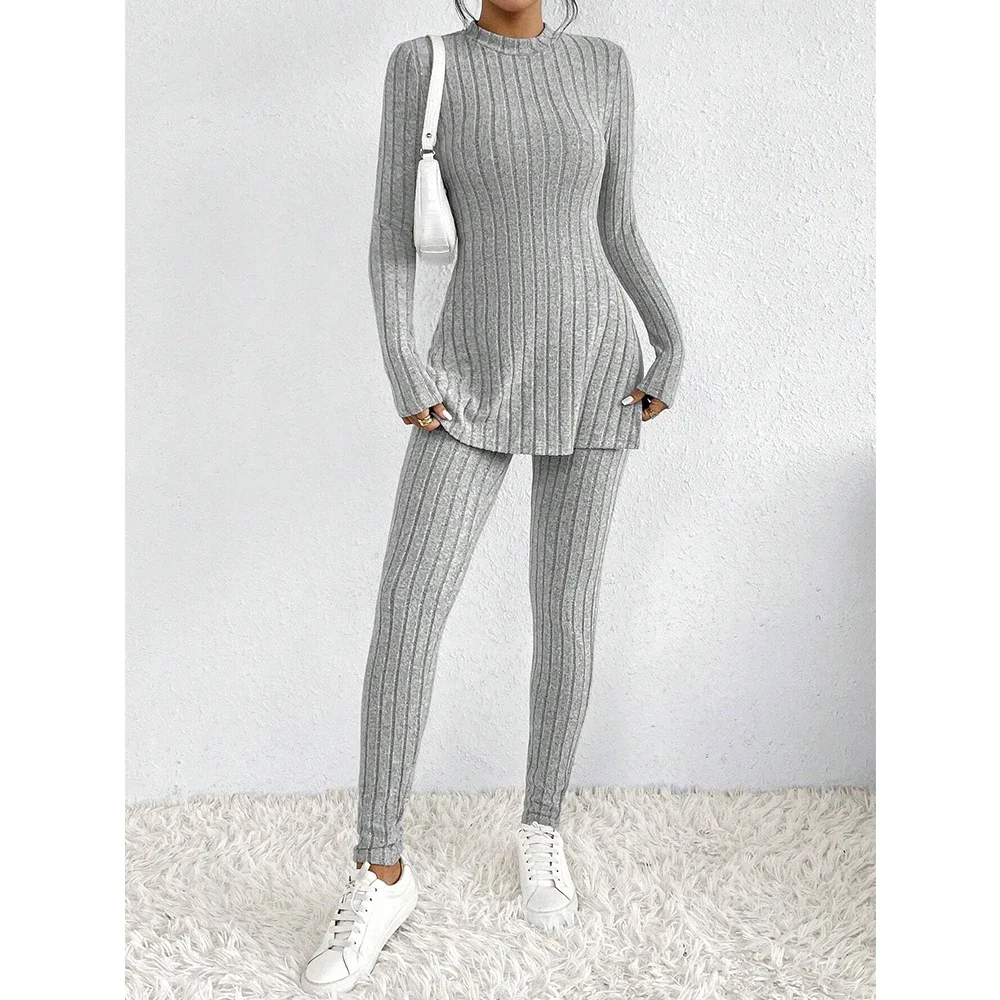 

CPSYMYM Women's Sets Autumn Winter Simple Basics Plain Knitted Long Sleeve Crew Top Natural Waist Full Length Pants Daily Sets