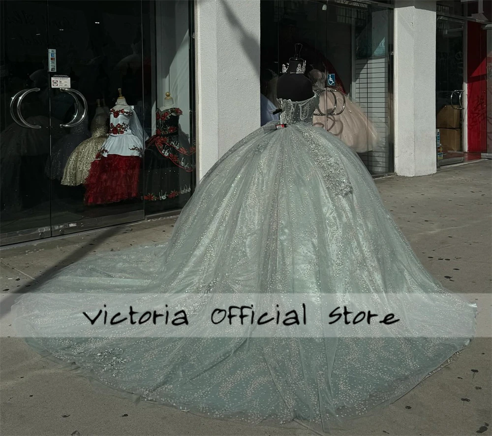 Vestido de quinceañera con apliques de encaje verde salvia, vestido de baile de corazón, vestido de princesa mexicana dulce dieciséis, vestidos de boda