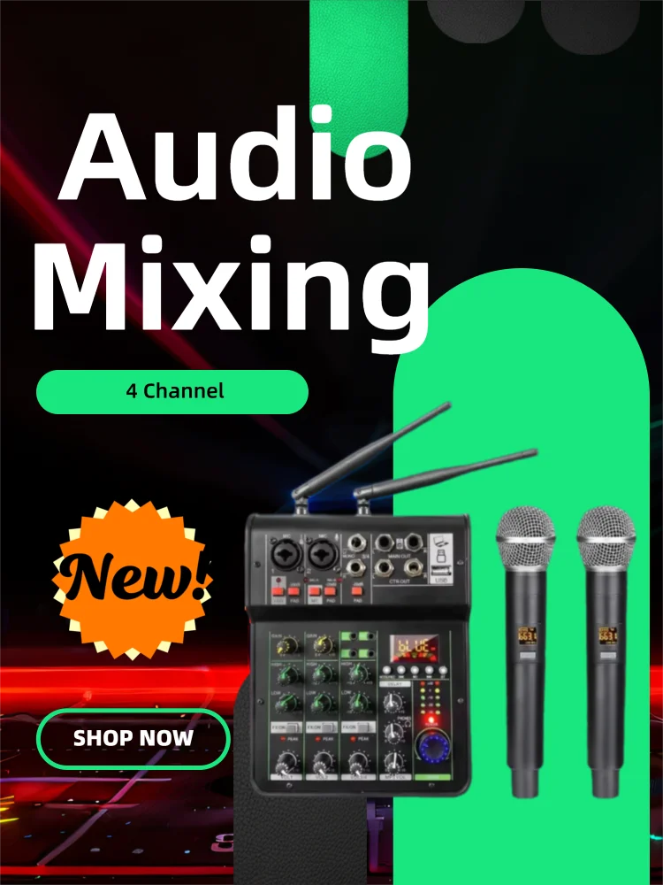 

GAX-450C Audio Mixing with UHF Wireless Microphone 4 Channel Stereo Mixer Console BT USB for DJ Karaoke PC Record