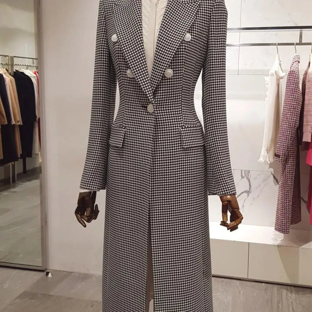 Korean Autumn Winter Fashion Women Windbreaker Houndstooth Retro Long Slim Trench Coat Ladies Elegant Outwear Mujer Abrigos 2023