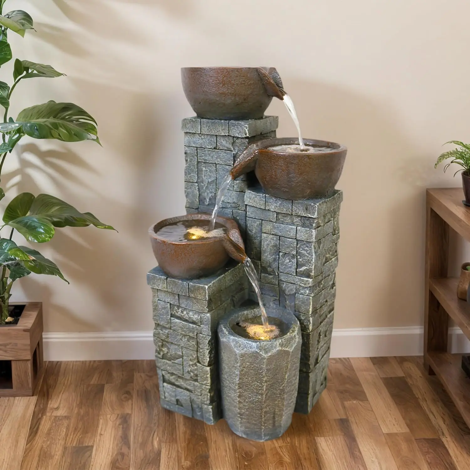

Outdoor Water Fountain with LED Lights, Resin Bowl Waterfall Fountain for Garden Decor Indoor Outdoor Use, 10.2"x6.9"x15.7" (Bro