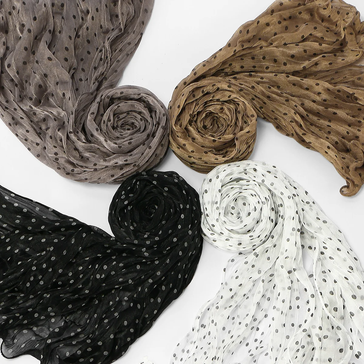 Fashion Leopard Print Crinkle Headscarf Women Retro Stripes Wrinkled Chiffon Long Scarf Ruffled Boho Dot Pleated Hijab Shawl