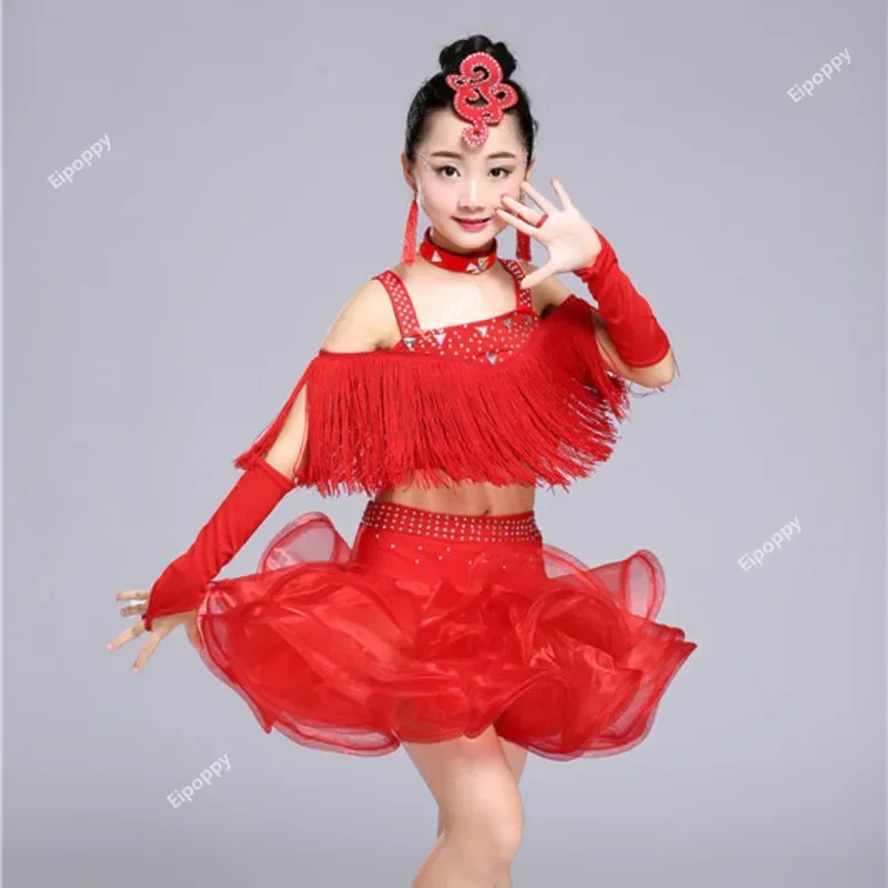 Vestido de dança latina profissional para crianças, Saia franja, Vestidos dançantes para crianças