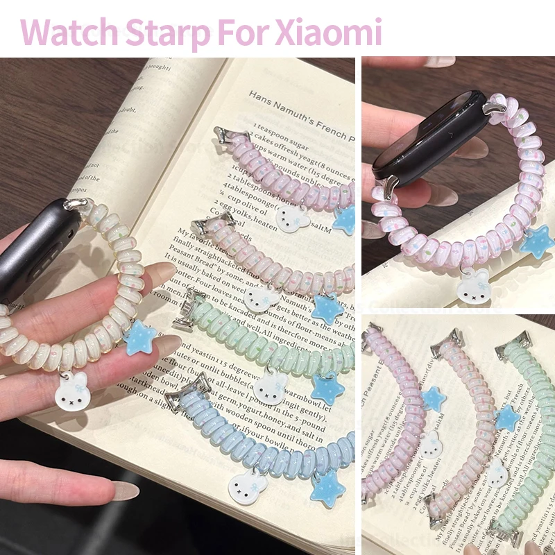 Cute Kawaii Telephone Cord Strap for Xiaomi Mi 8 9 10 Pro S345 Sweet Rabbit Star Elastic Girls Watch Band for Redmi Watch 4 5 6